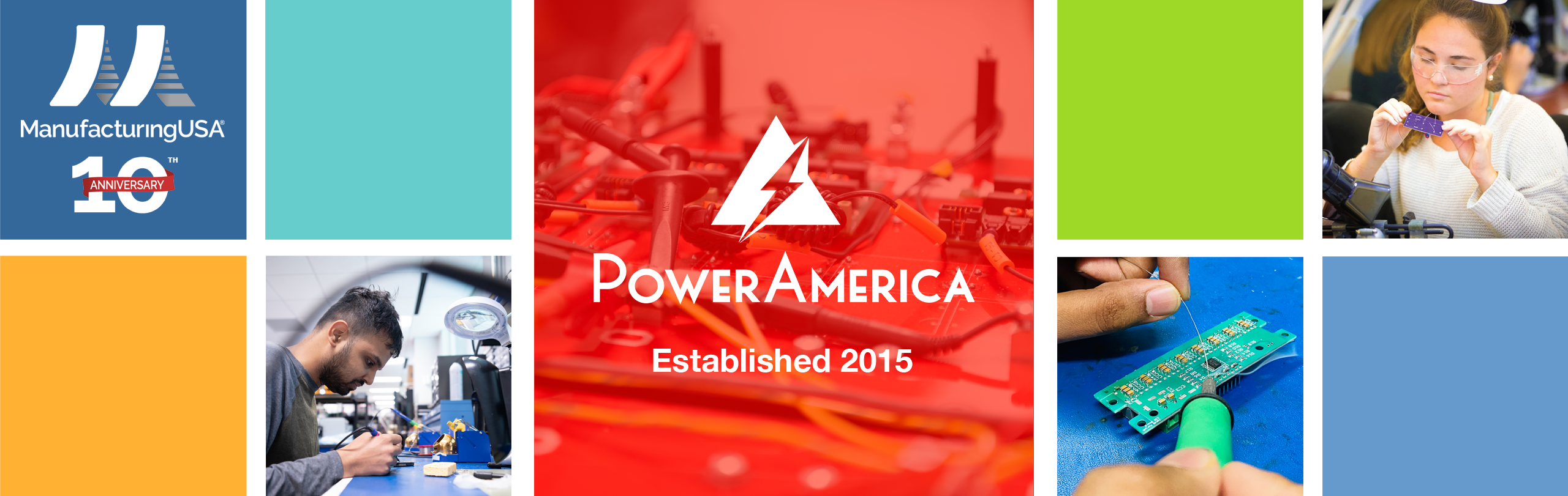 Header graphic for PowerAmerica spotlight. Collage of images with the center being the PowerAmerica logo over a photo with a red overlay