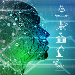 The graphic shows the profile of a human face with futuristic lines and dots with a blue and green color scheme. The graphic also includes icons representing manufacturing