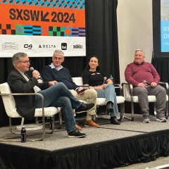 Photo of Manufacturing USA SXSW panelists: Art Wall (NextFlex), Magdi Azer (REMADE), Olivia Morales (CESMII), Dale Brosius (IACMI)