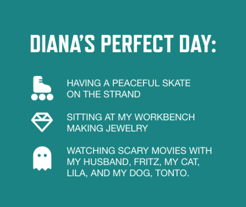 graphic with a teal background and white font listing Diana Mercado Gruber's perfect day activities: Having a peaceful skate on The Strand; Sitting at my workbench making jewelry; Watching scary movies with my husband, Fritz, my cat, Lila, and my dog, Tonto.