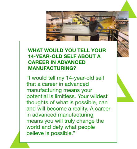 Graphic with a photo of Carly Mollica standing in front of a Lockheed Martin placard at the Smithsonian Air & Space museum. A quote from Carley to her 14 year old self: "A career in advanced manufacturing means your potential is limitless. Your wildest thoughts of what is possible, can and will become a reality. You will truly change the world and defy what people believe is possible." 