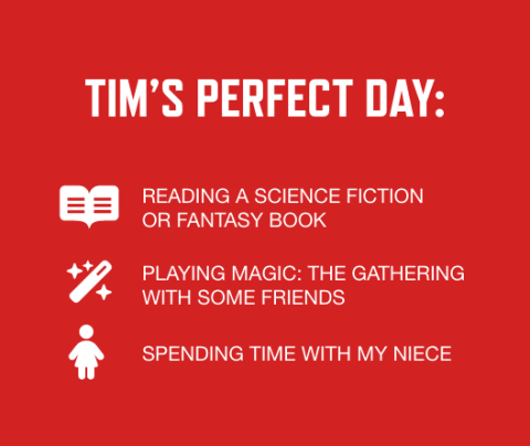 graphic with red background and white font listing Tim's perfect day activities: Reading a science fiction or fantasy book, Playing magic: The Gathering with some friends, Spending time with my niece