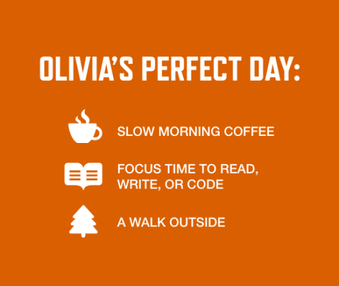 Graphic listing Olivia's perfect day: Slow morning coffee, Focus time to read, write, or code; A walk outside