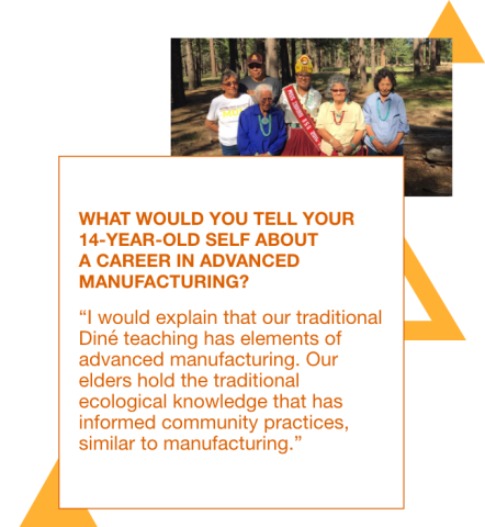 Graphic with a photo of Jennifer Jones and her family celebrating her being Arizona State University's Miss Indian 2016-2017 with a quote of what she would tell her 14 year old self: "I would explain that our traditional Diné teaching has elements of advanced manufacturing. Our elders hold the traditional ecological knowledge that has informed community practices, similar to manufacturing."