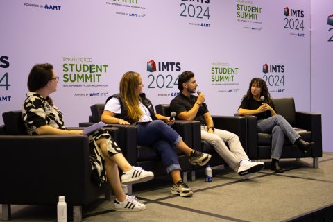 Photo of Modern Makers panel at IMTS 2024. (From left: Cassondra Blasioli (NIST), Kim Lemay (BioFabUSA), Rodrigo Perez (MxD), and Olivia Morales (CESMII))