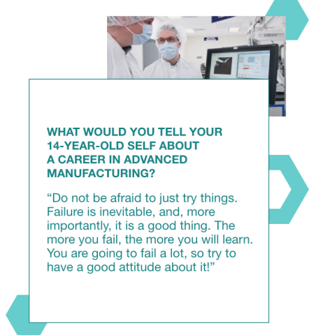 graphic with a photo of Jackson Rambough wearing a mask, head cover, and lab coat in a lab, with a quote to his 14 year old self: "Do not be afraid to just try things. Failure is inevitable, and, more importantly, it is a good thing. The more you fail, the more you will learn. You are going to fail a lot, so try to have a good attitude about it!"