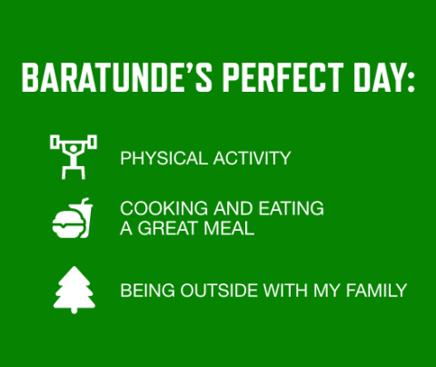 graphic with a bright green background and white font listing Baratunde Cola's perfect day activities: Physical activity; Cooking and eating a great meal; Being outside with my family