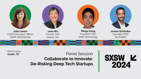 Graphic showing the four panelists for SXSW 2024 PanelPicker. Panel title: Collaborate to Innovate: De-Risking Deep Tech Startups.