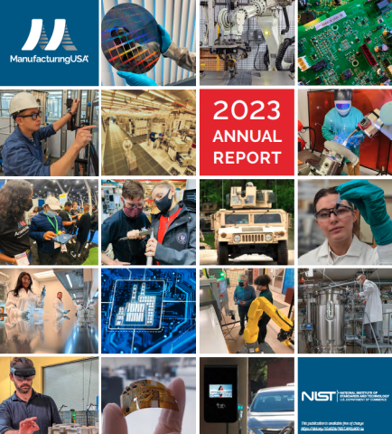 Cover image of the 2023 Manufacturing USA Annual Report. It is a collage of square photos representing manufacturing.