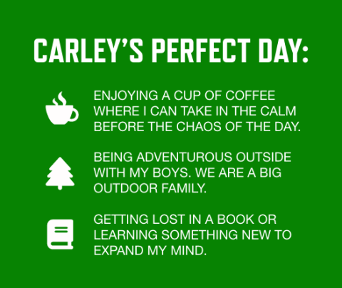 graphic with a green background and white font listing Carley Mollica's perfect day activities: Enjoying a cup of coffee where I can take in the calm before the chaos of the day.  Being adventurous outside with my boys; We are a big outdoor family; Getting lost in a book or learning something new to expand my mind.