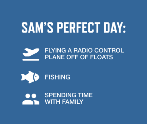 Graphic listing Sam's perfect day: Flying a radio control plane off of floats, Fishing, Spending time with family