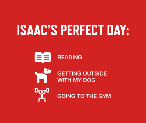 graphic with a red background and white font listing Isaac Sloan's perfect day activities: Reading; Getting outside with his dog; Going to the gym