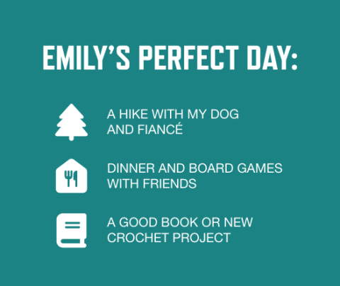 Graphic with a dark teal background and white font listing Emily Molstad's perfect day activities: A hike with my dog and fiancé; Dinner and board games with friends; A good book or new crochet project