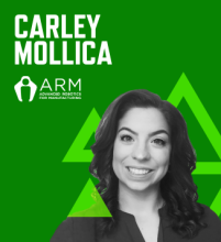 graphic with a green background, photo of Carley Mollica, her name in large white font, and the ARM Institute logo