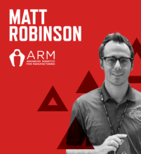 Graphic with red background with photo of Matt Robinson and the ARM Institute logo