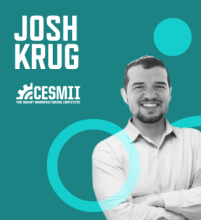 Graphic with teal background, photo of Josh Krug, his name in large white font, and the CESMII logo