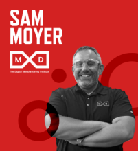 Graphic with red background and photo of Sam Moyer with his name in white font and the MxD logo