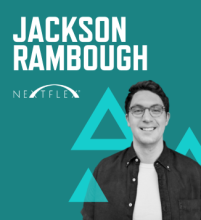 Graphic with a teal background, photo of Jackson Rambough, his name in large white font, and the NextFlex logo