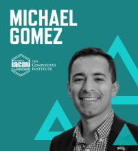 graphic with a teal background, photo of Michael Gomez, his name in large white front, and the IACMI logo