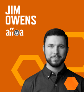 Graphic with an orange background, photo of Jim Owens, his name in large white font, and the AFFOA logo