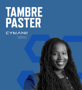 Graphic with dark blue background with photo of Tambre Paster, her name in large white font, and the CyManII logo