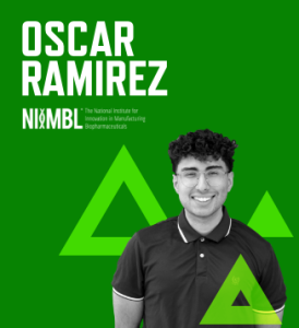 Graphic with dark green background with a photo of Oscar Ramirez, his name in large white font, and the NIIMBL logo