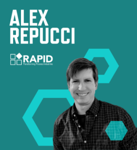 Graphic with teal background with a photo of Alex Repucci, his name in large white font, and the RAPID logo