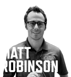 Photo of Matt Robinson in black and white with his name in large white font