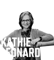 black and white photo of Kathie Leonard with her name in white font