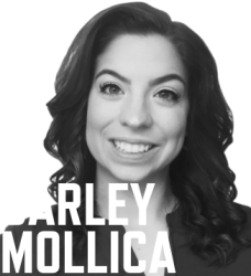 black and white photo of Carley Mollica with her name in large white font