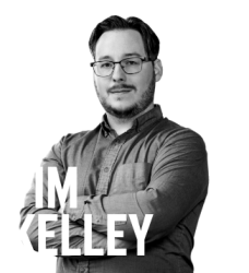 black and white photo of Tim Kelley with his name in large white font