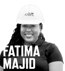 black and white photo of Fatima Majid with her name in large white font