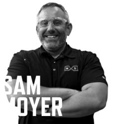 black and white photo of Sam Moyer with his name in large white font