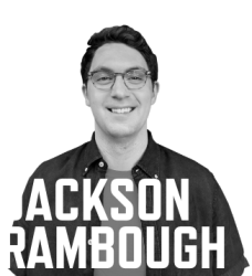 black and white photo of Jackson Rambough with his name in large white font