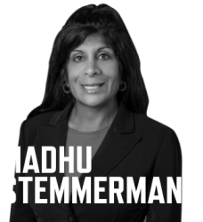 black and white photo of Madhu Stemmermann with her name in large white font