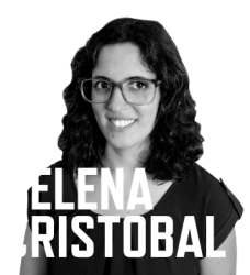 black and white photo of Helena Cristobal with her name in large white font