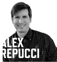 black and white photo of Alex Repucci with his name in large white font