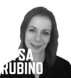 black and white photo of Litsa Rubino with her name in large white font