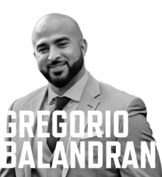 black and white photo of Gregorio Balandran with his name in large white font.