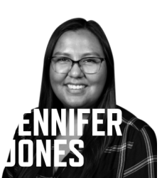 Photo of Jennifer Jones in black and white with her name in large white font