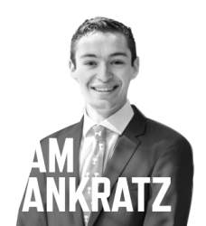 Black and white photo of Sam Pankratz with his name in white font