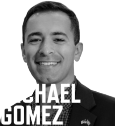 black and white photo of Michael Gomez with his name in large white font