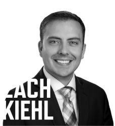 Photo of Zach Kiehl in black and white with his name in white font