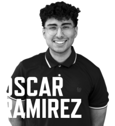 Black and white photo of Oscar Ramirez with his name in large white font