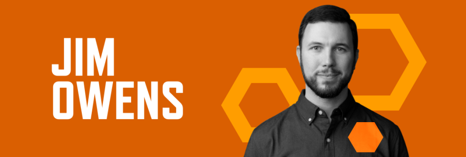 header graphic with an orange background, photo of Jim Owens, and his name in large white font