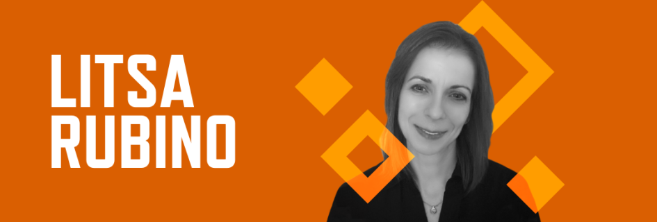 Graphic with orange background with a photo of Litsa Rubino and her name in large white font