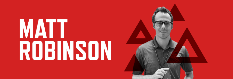 Header graphic with red background with photo of Matt Robinson and his name in white font