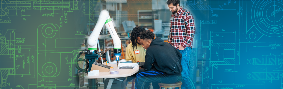 Graphic with a blue and green background with schematics. Image submitted by ARM of students in their robot training facility in the center.