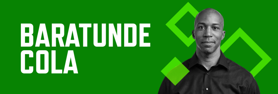 header banner with a bright green background, a photo of Baratunde Cola, and his name in large white font