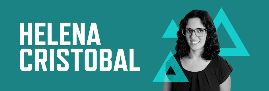 Header graphic with dark teal background. Photo of Helena Cristobal and her name in large white font